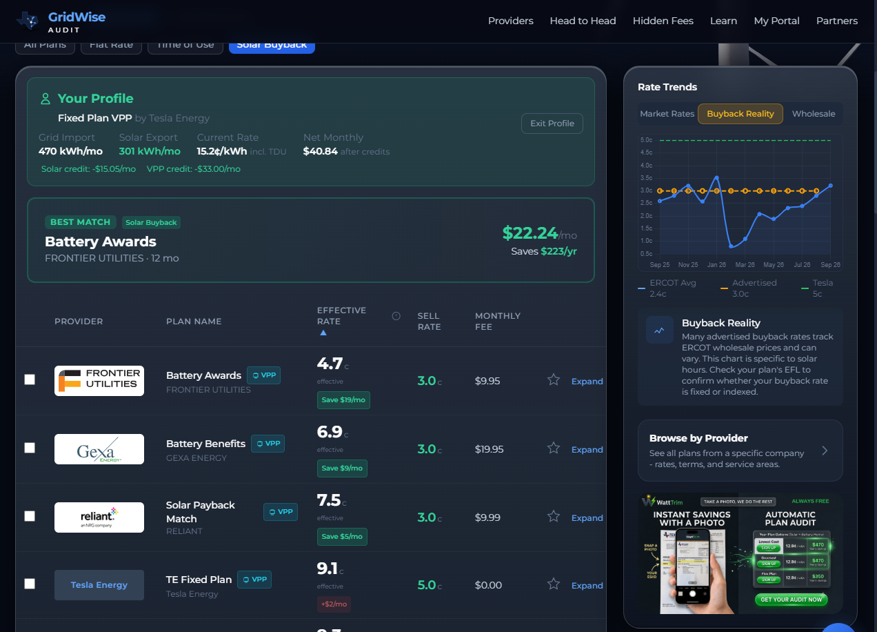 GridWise Profile View showing personalized plan comparison with real usage data